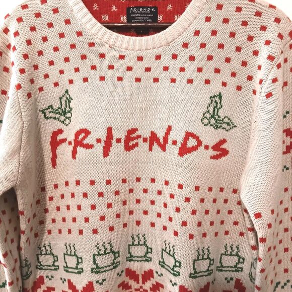 Unisex Friends Light Tan Red Green Ugly Christmas Crewneck Jumper Size Large - Picture 2 of 12